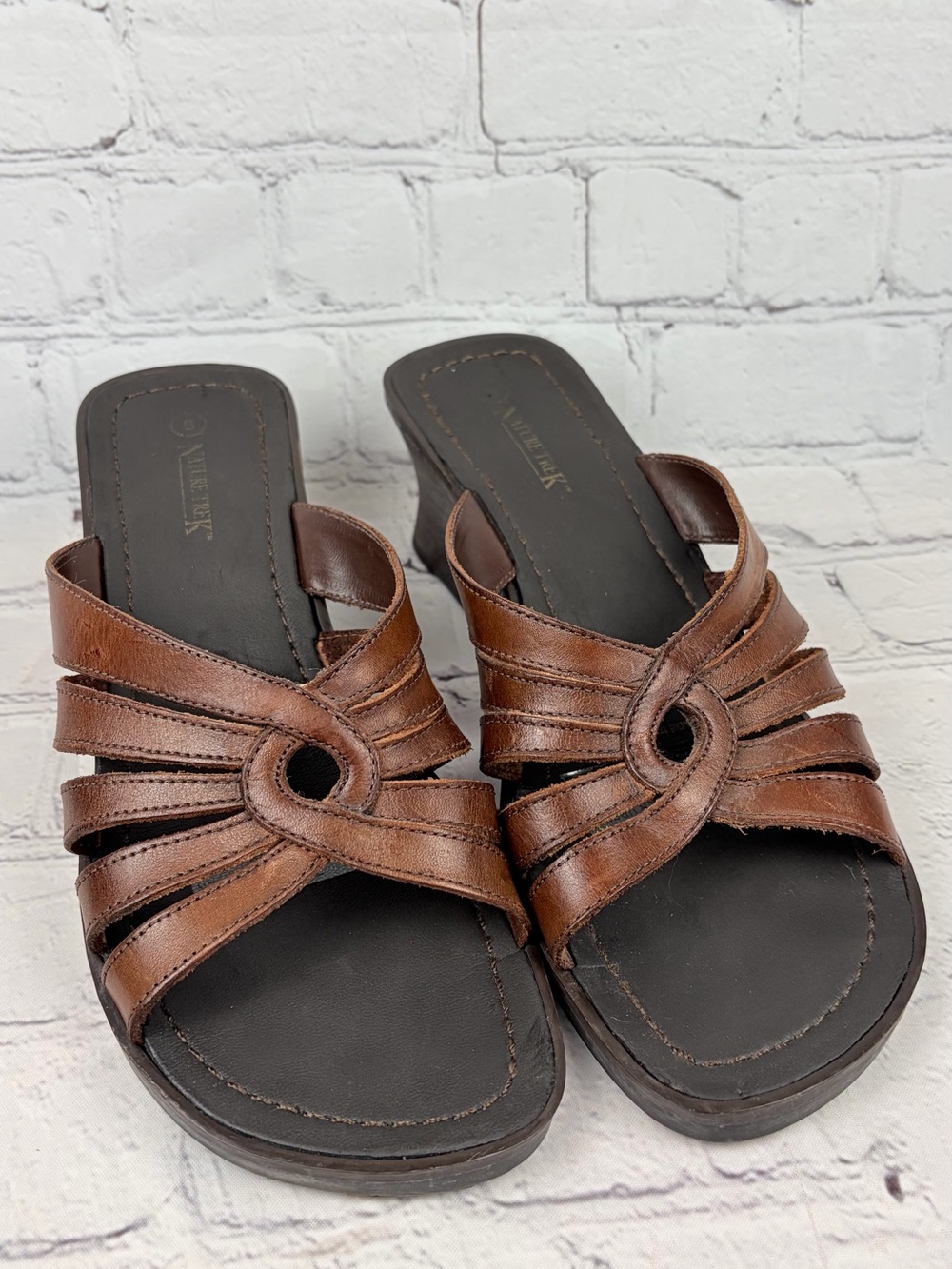 Vintage Nature Trek Brown Leather Strappy Slide Sandals Wedge Mule Size 8